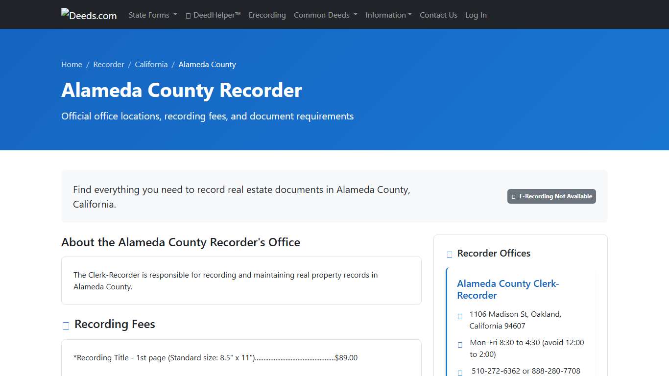 Alameda County Recorder Information, California - Deeds.com