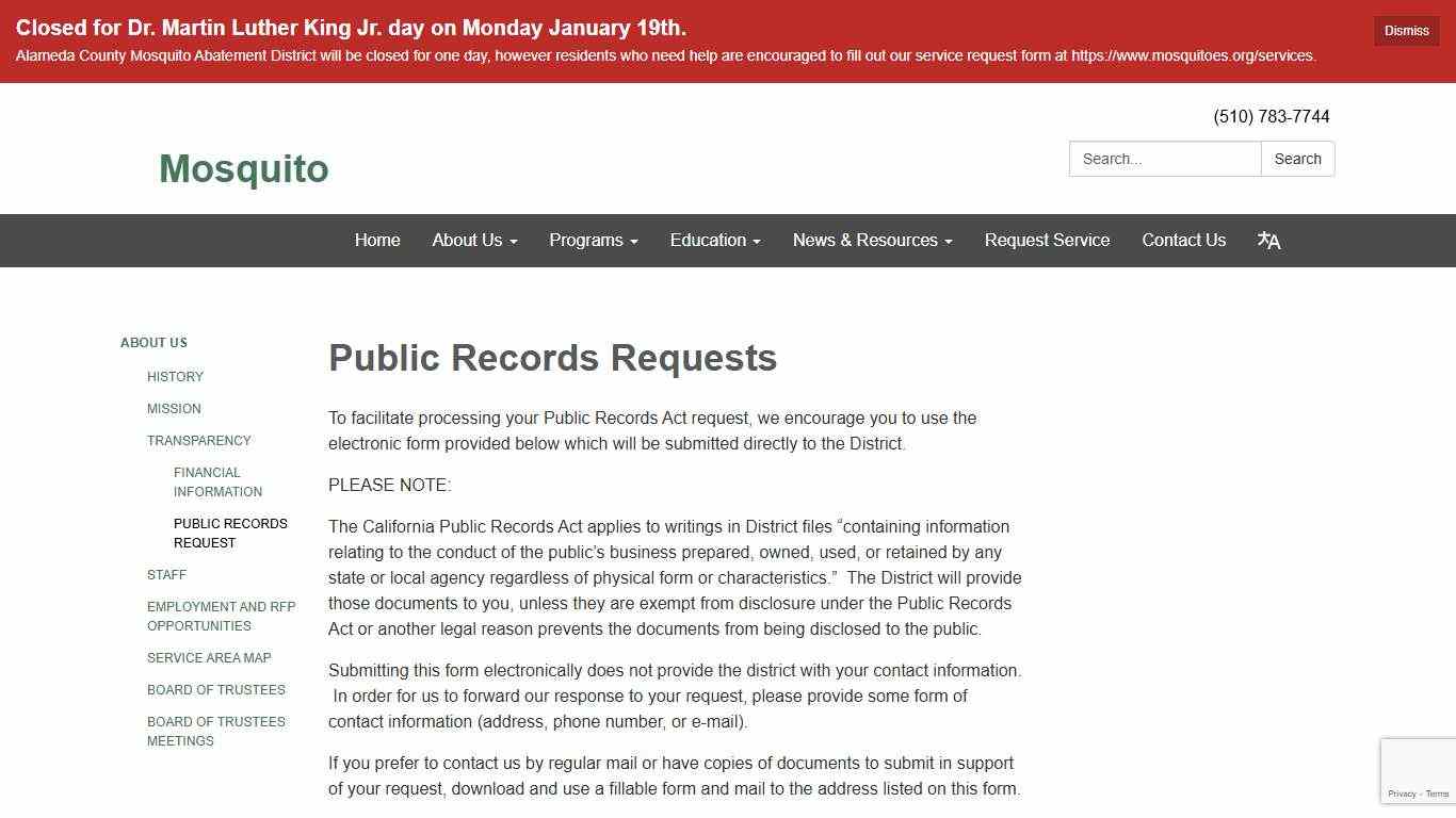 Public Records Requests - Alameda County Mosquito Abatement District