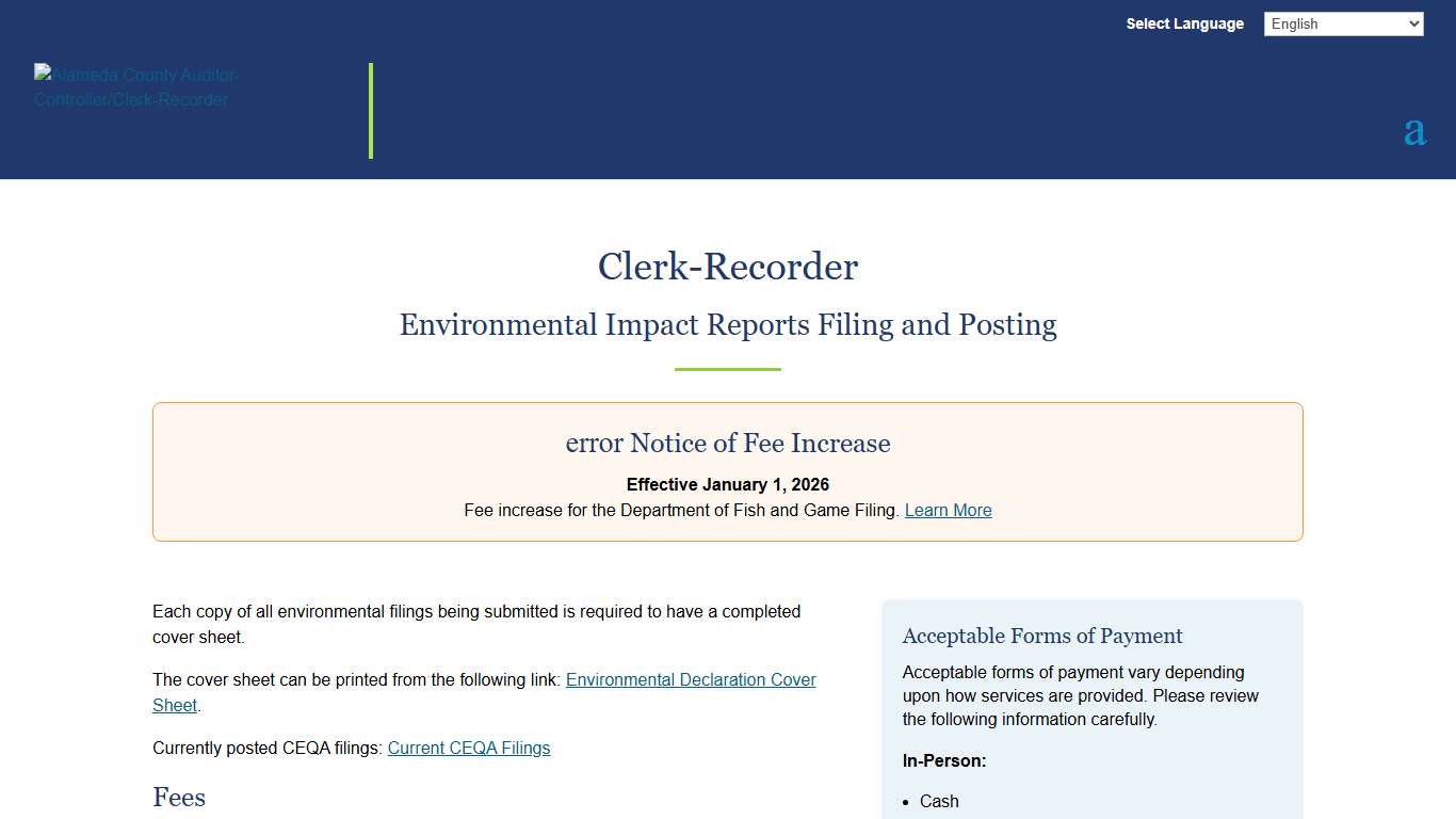 Environmental Impact Reports Filing & Posting | Clerk-Recorder | Alameda County | Alameda County Auditor-Controller/Clerk-Recorder