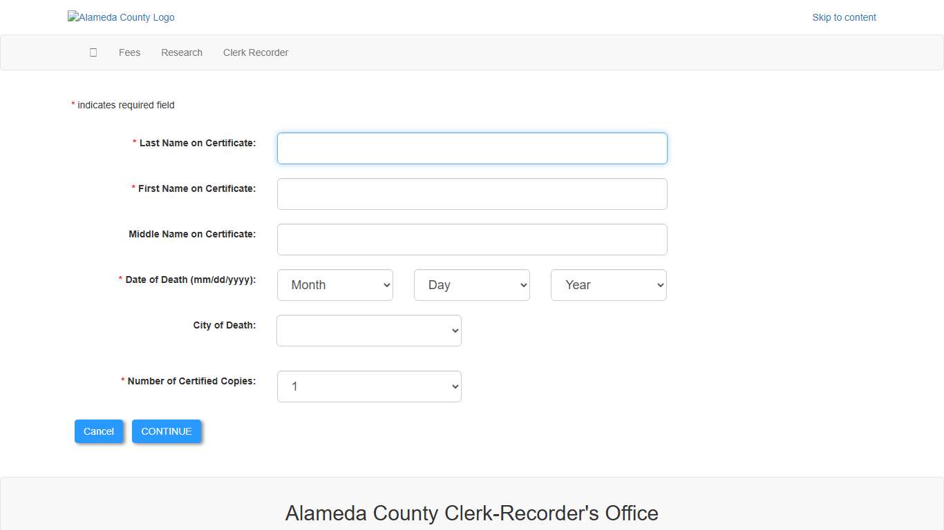 Alameda County Birth, Marriage, Death Certificates - Request Information
